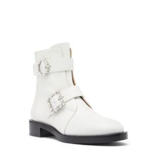 Stuart Weitzman Ryder Pearl Geo Buckle Booties White Silver- Size 37 (6.5)
